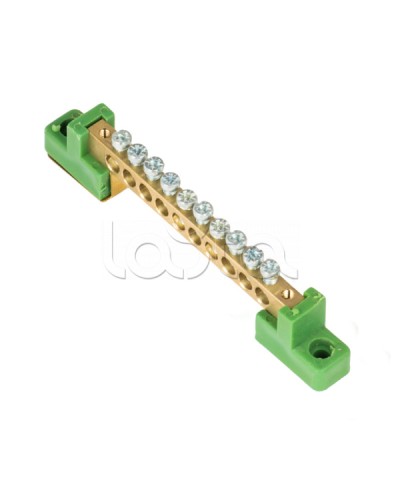 Шина 0 PE 6x9мм 10 отверстий латунь с контактной пластиной 2 зелёных угловых изолятора EKF (sn0-63-10-2-pe) в Рубцовске Клеммные колодки Pintop.ru