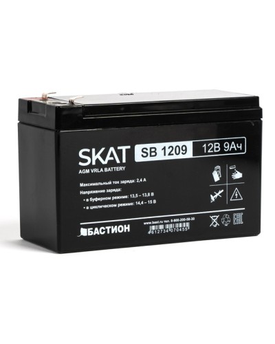 Бастион SKAT SB 1209 АКБ свинцово-кислотная тип AGM 12V 9Ач Iзар. 2,7 А, ножевые клеммы в Рубцовске Электротехническое оборудование Pintop.ru