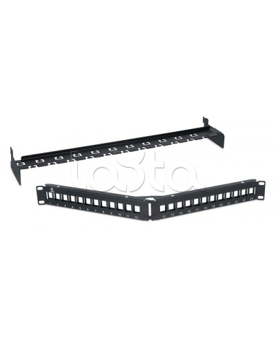 Патч-панель угловая модульная 19, 1U, 24 порта RJ-45, для неэкранированных модулей, с задним кабельным организатором (без модулей) Cabeus PLB-24-CON в Рубцовске Патч панель Pintop.ru