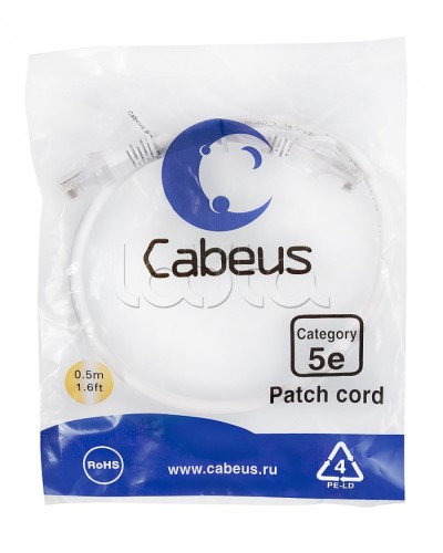 Патч-корд UTP, категория 5e, 0.5 м, неэкранированный, белый Cabeus PC-UTP-RJ45-Cat.5e-0.5m-WH в Рубцовске Патчкорды (медные) Pintop.ru