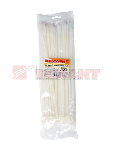 Хомут-стяжка нейлоновый 5х300 мм белый (100шт/уп) REXANT 07-1302 в Рубцовске Стяжки-хомуты Pintop.ru