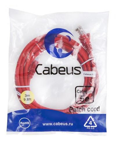 Патч-корд медный U/UTP кат.5е (3м) LSZH (красный) Cabeus (PC-UTP-RJ45-Cat.5e-3m-RD-LSZH) в Рубцовске Патч-корды и пигтейлы Pintop.ru