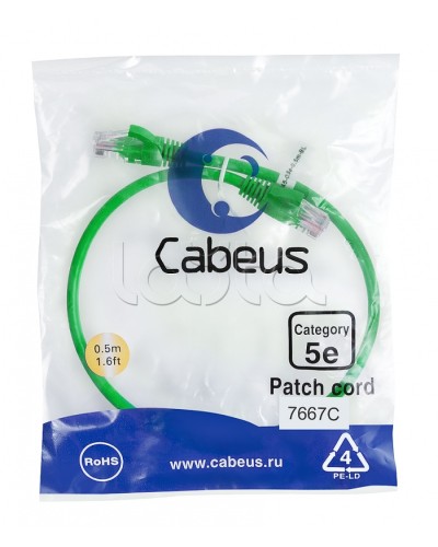 Патч-корд UTP, категория 5e, 0.5 м, неэкранированный, зеленый Cabeus PC-UTP-RJ45-Cat.5e-0.5m-GN в Рубцовске Патчкорды (медные) Pintop.ru