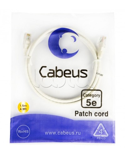 Шнур коммутационный RJ-45 кат.5е (1.5 м) Cabeus PC-UTP-RJ45-Cat.5e-1.5m-WH в Рубцовске Патчкорды (медные) Pintop.ru