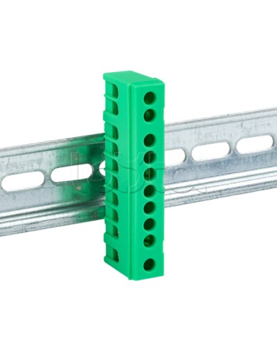 Шина 0 PE (6х9мм) 10 отверстий латунь зеленый изолированный корпус на DIN-рейку EKF PROxima (sn0-63-10-ig) в Рубцовске Клеммные колодки Pintop.ru