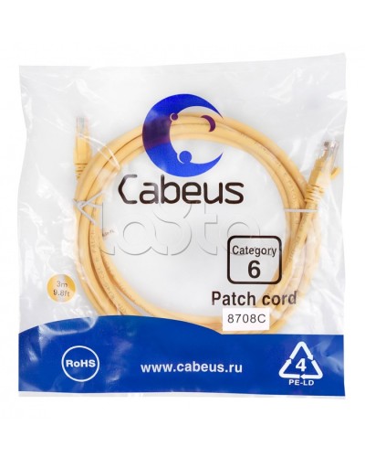 Патч-корд UTP, категория 6, 3 м, неэкранированный, желтый Cabeus PC-UTP-RJ45-Cat.6-3m-YL в Рубцовске Патчкорды (медные) Pintop.ru