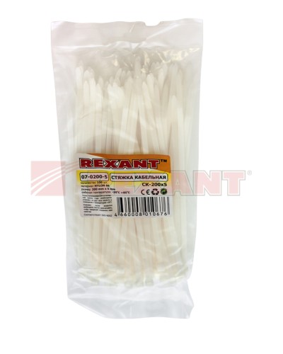Хомут-стяжка нейлоновый 5х200 мм белый (100шт/уп) REXANT 07-0200-5 в Рубцовске Стяжки-хомуты Pintop.ru